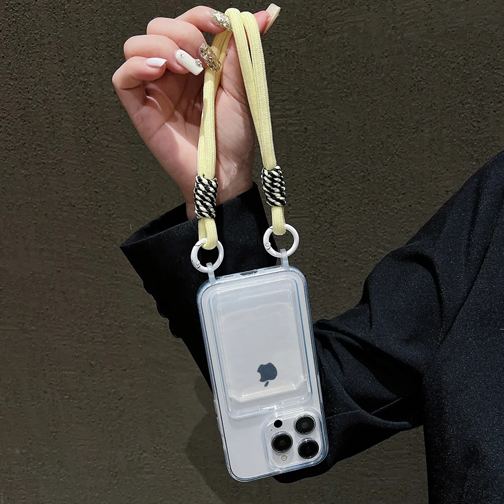 럭셔리 소프트 카드 백 폰 케이스 아이폰 16 프로 맥스 12 14 플러스 XS XR 7 8 투명 범퍼 컬러풀 랜야드 로프 커버