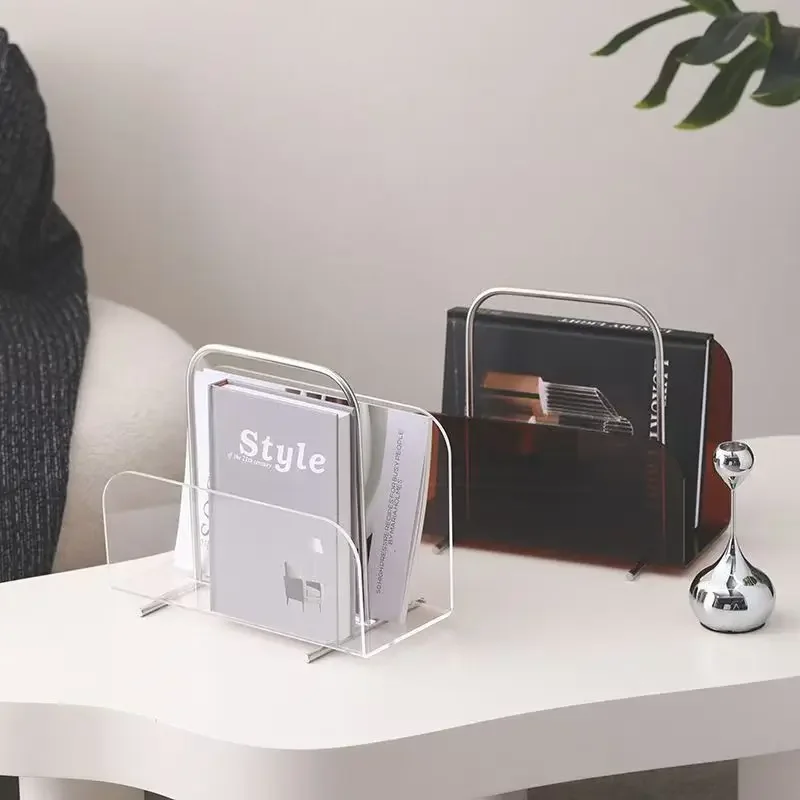 Contemporary Minimalist Metal and Acrylic Display Stand for Books and Magazines in Living Room or Home Office Space-Saving Metal