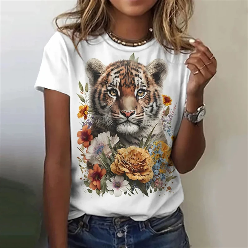 Vintage Animals Print Women\'s T Shirts Summer Fashion Short Sleeve Top Tiger Print Oversized Female Clothing Ladies Floral Tees