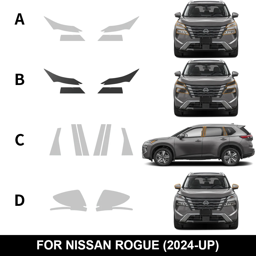 

For Nissan X-trail Rogue 2024 2025 Smoked Black Headlight Film B C Pillars Protection Film TPU Pre-cut Anti-scratch Transparent
