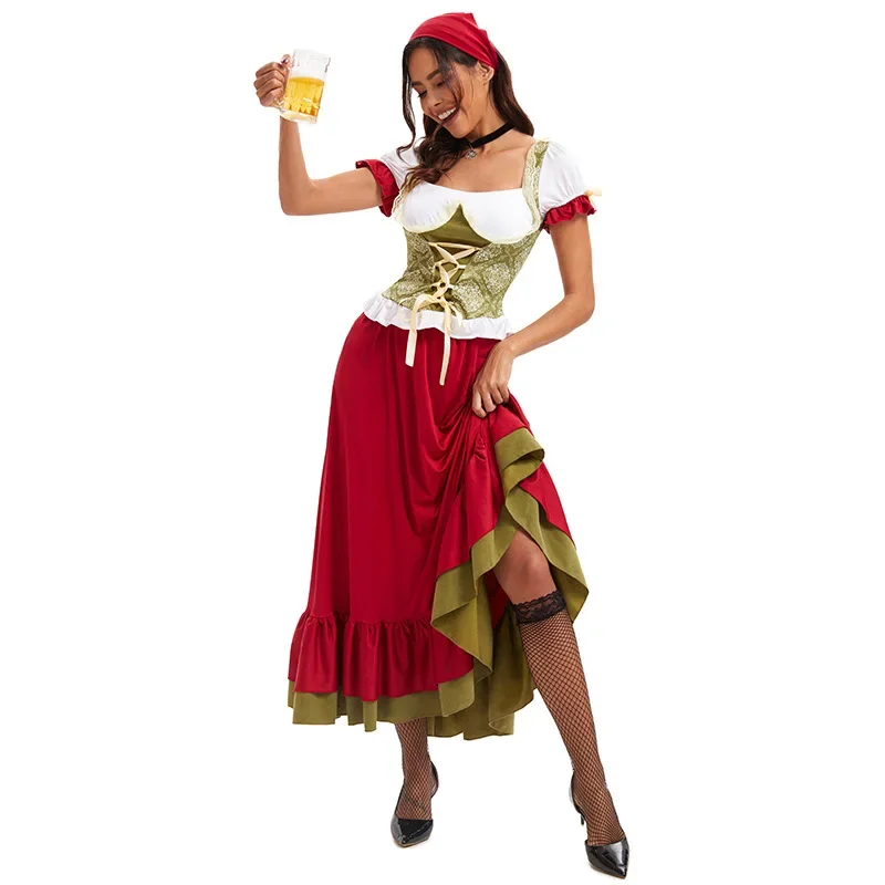 Munich Women's Oktoberfest Costume Beer Sister Costume Halloween Bar Ding Dong Working Costume Blouse+Dress+Headband