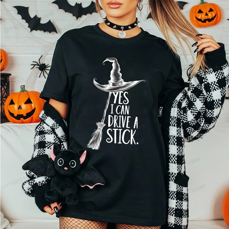 Women's Yes I Can Drive A Stick Graphic Print T-Shirt Funny Halloween Witch Tee T Shirt Spooky Party Clothing Ladies Girls Shirt