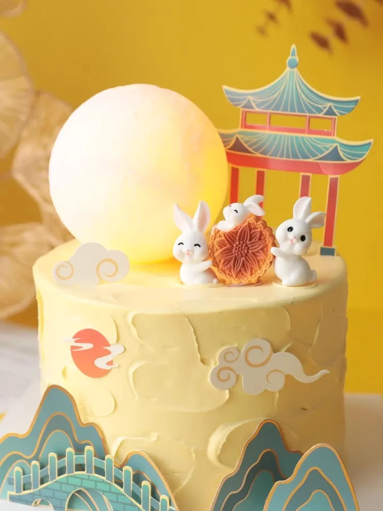Mid-Autumn Festival Cake Decoration Mini Mooncake Rabbit Doll Ornaments Inserting Chinese Festivals Cake Topper Moon Viewing