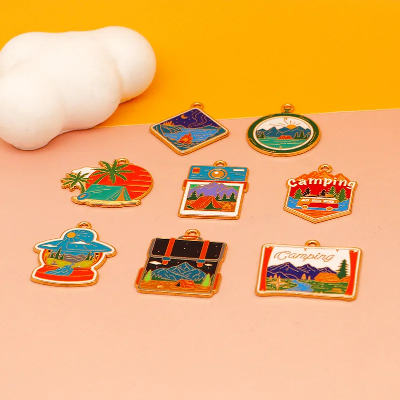10pcs/set Enamel Camping Charms Hat Suitcase,Camping Sign Camera Camping-Themed Charms for DIY Jewelry Making Wholesale