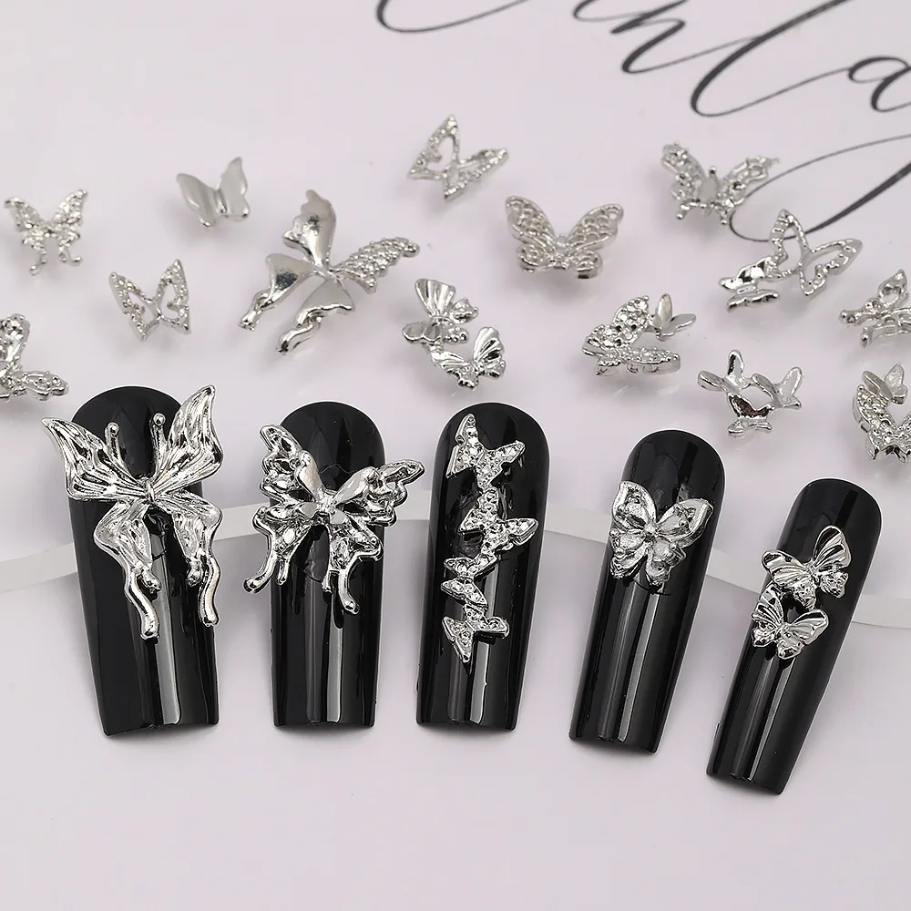 10 Peças de Acessórios de Unha 3D em Metal Prateado, com Laços e Borboletas, Sortidos, de Liga Requintada, Decorações de Unha com Fita/Laço para Arte de Unha DIY e Manicure