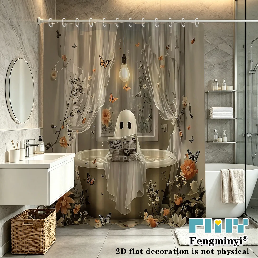2D Flat, 2D Flat Shower Curtain 1pc, Vintage Gothic Style Shower Curtain, Made of with Floral, Butterfly, and Spooky Newspaper P