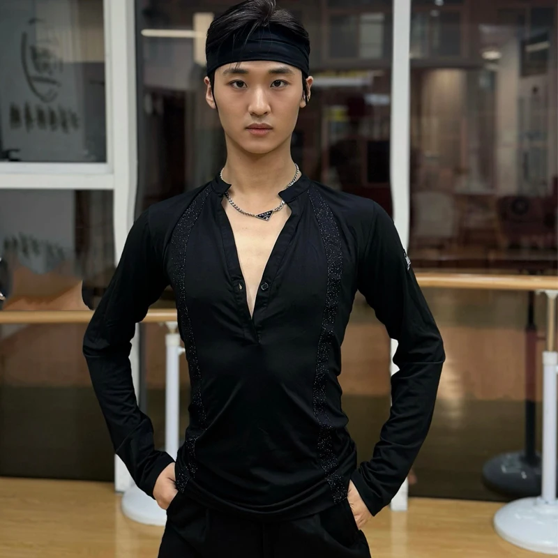 

2025 New Latin Dance Performance Costumes For Men Long Sleeved V-Neck Glitter Shirts Samba Chacha Adult Male Latin Wear DQS21498