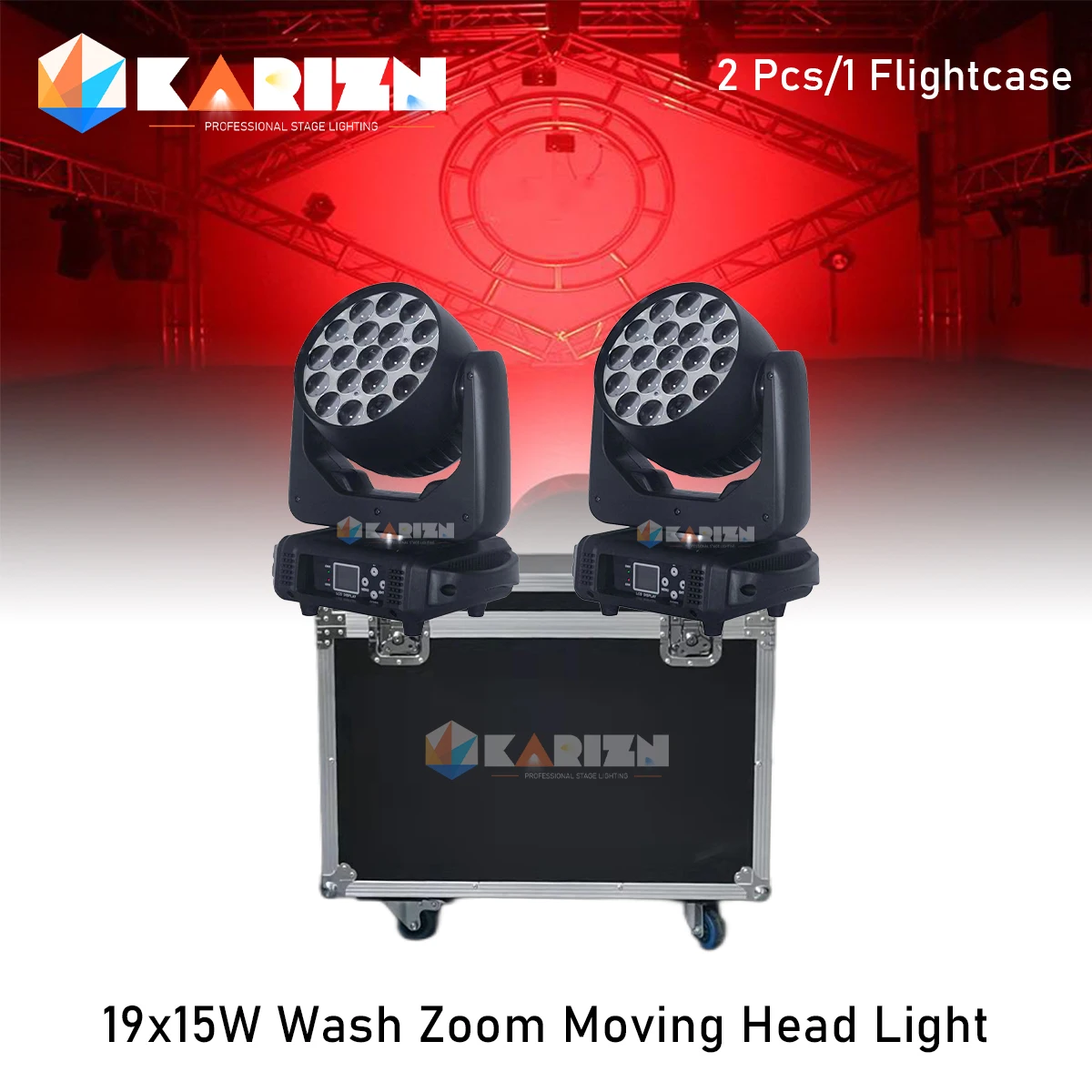 Beam Wash Light com Flight Case, 19x15W, 19x15W, RGBW, Zoom Moving Head Lighting para Disco, KTV Party, 2PCs, 4in 1