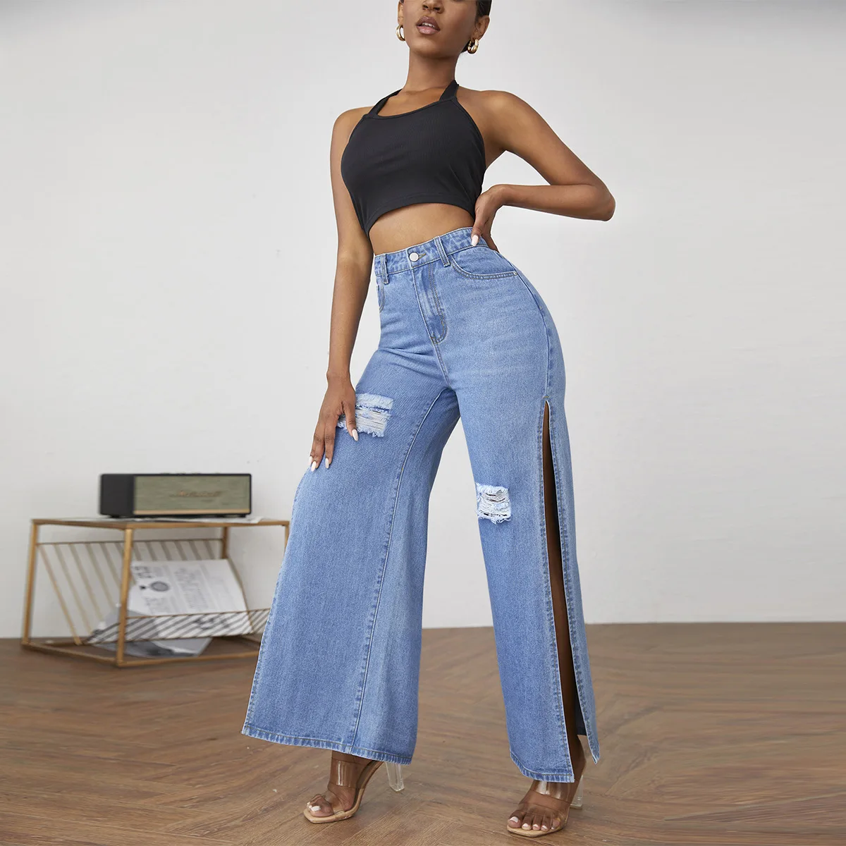 

Wide Leg Jeans for Women Mom Jeans High Waist Split Side Baggy Jeans Loose Denim Pants y2k Streetwear