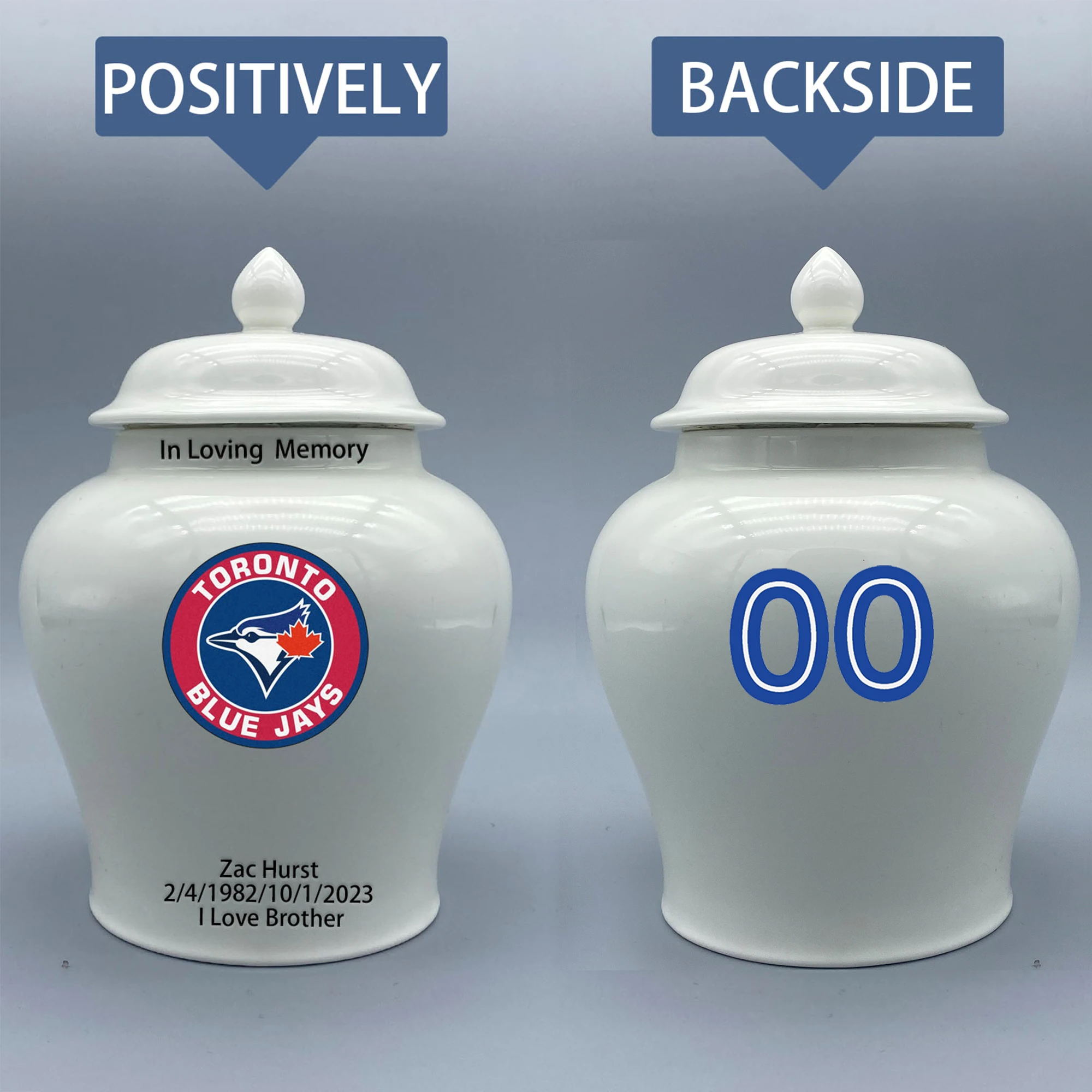 

Medium Urn for Toronto Blue Jays-themed Logo Urn.Please send me the customize information-name/date and number on the urn