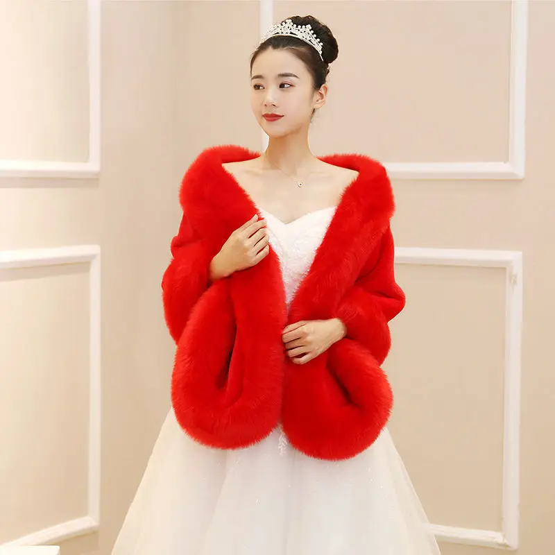 Women Fur Capes Solid Wedding Bolero Faux Fox  Stole Bridal Jacket Party Shrug Wrap Beside Cape Shawl De Femme Cover Up E581