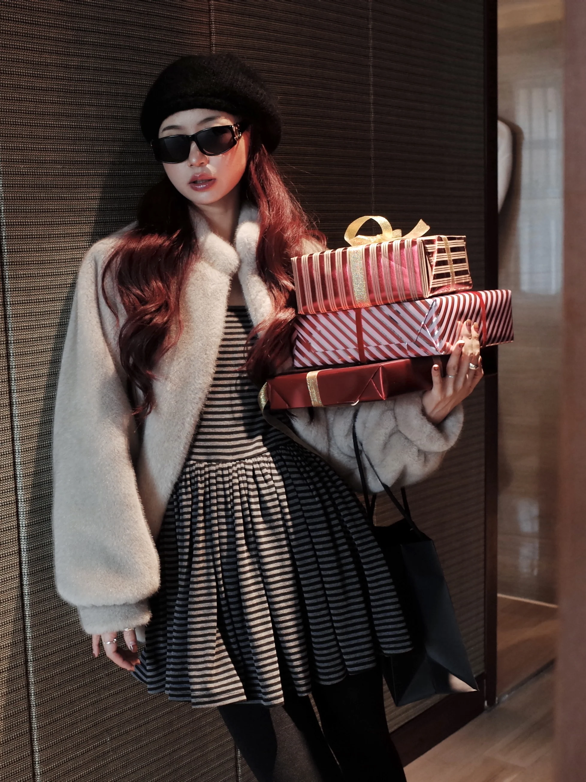 

Universal Key Retro High Waist Maxi Skirt Square Collar Striped Knitted Base Dr Women's Polyester Fiber Spandex Other