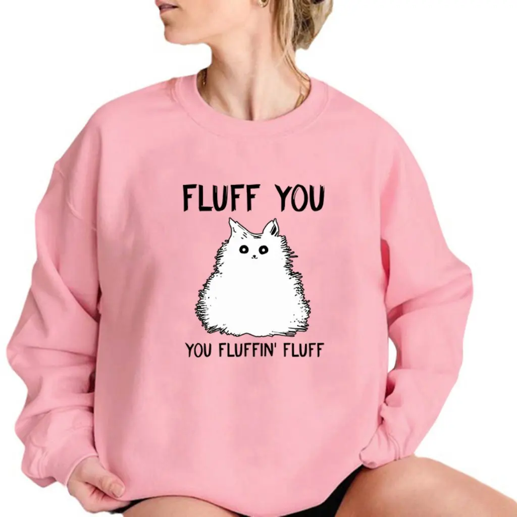 Women's Fleece-Lined Cat Letter Print Sweater Autumn Winter Back Bag Collar round Neck Popular Style