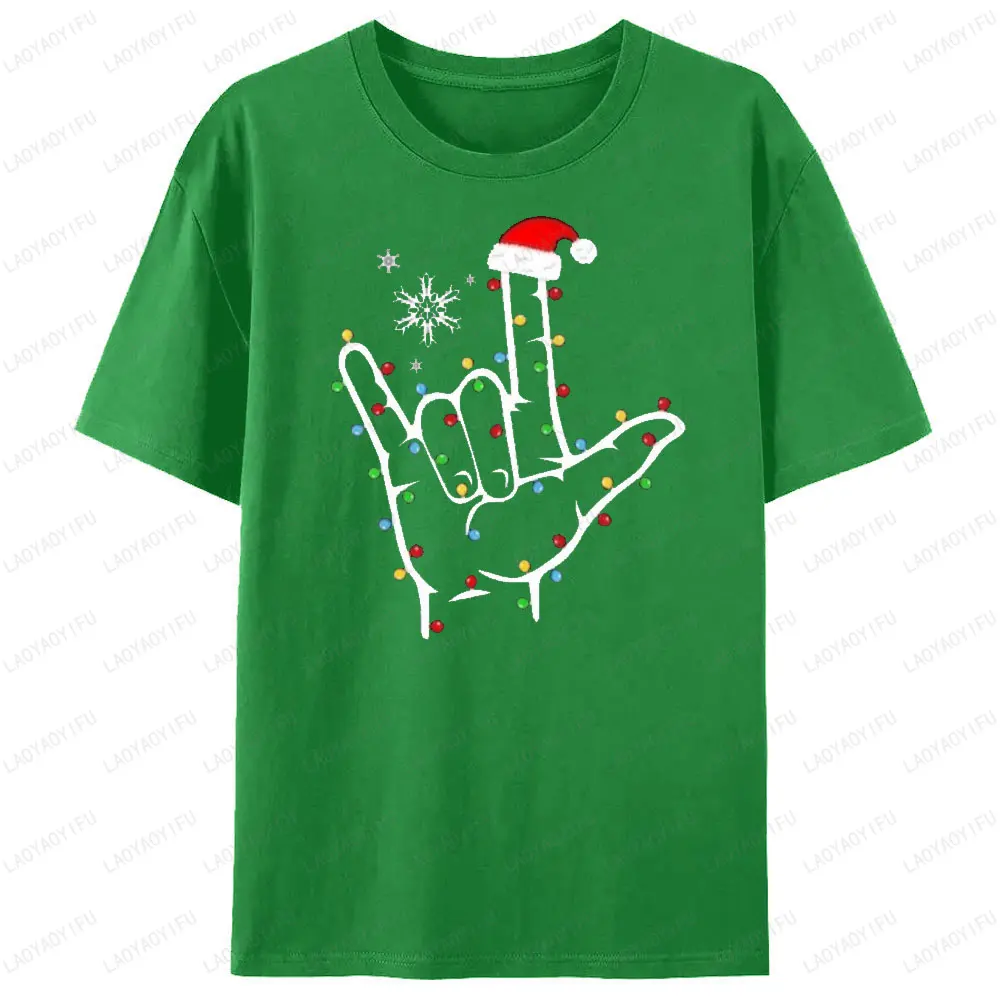 Asl أنا أحبك علامة اليد قبعة عيد الميلاد تي شيرت مطبوع أضواء عيد الميلاد الجرافيك تي شيرت لغة الإشارة هدية للرجال والنساء بلايز #6