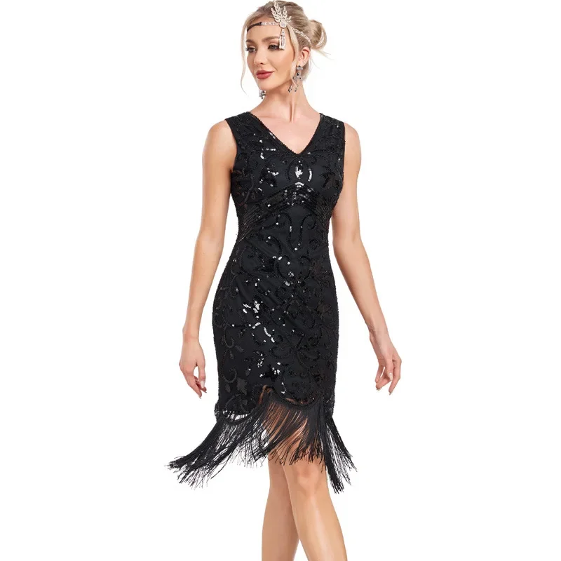 Elegant Flapper Women's 1920s Great Gatsby Cosplay Costume Sexy Sequin Studded Dress Host Tassel Fashion Banquet Evening Dress