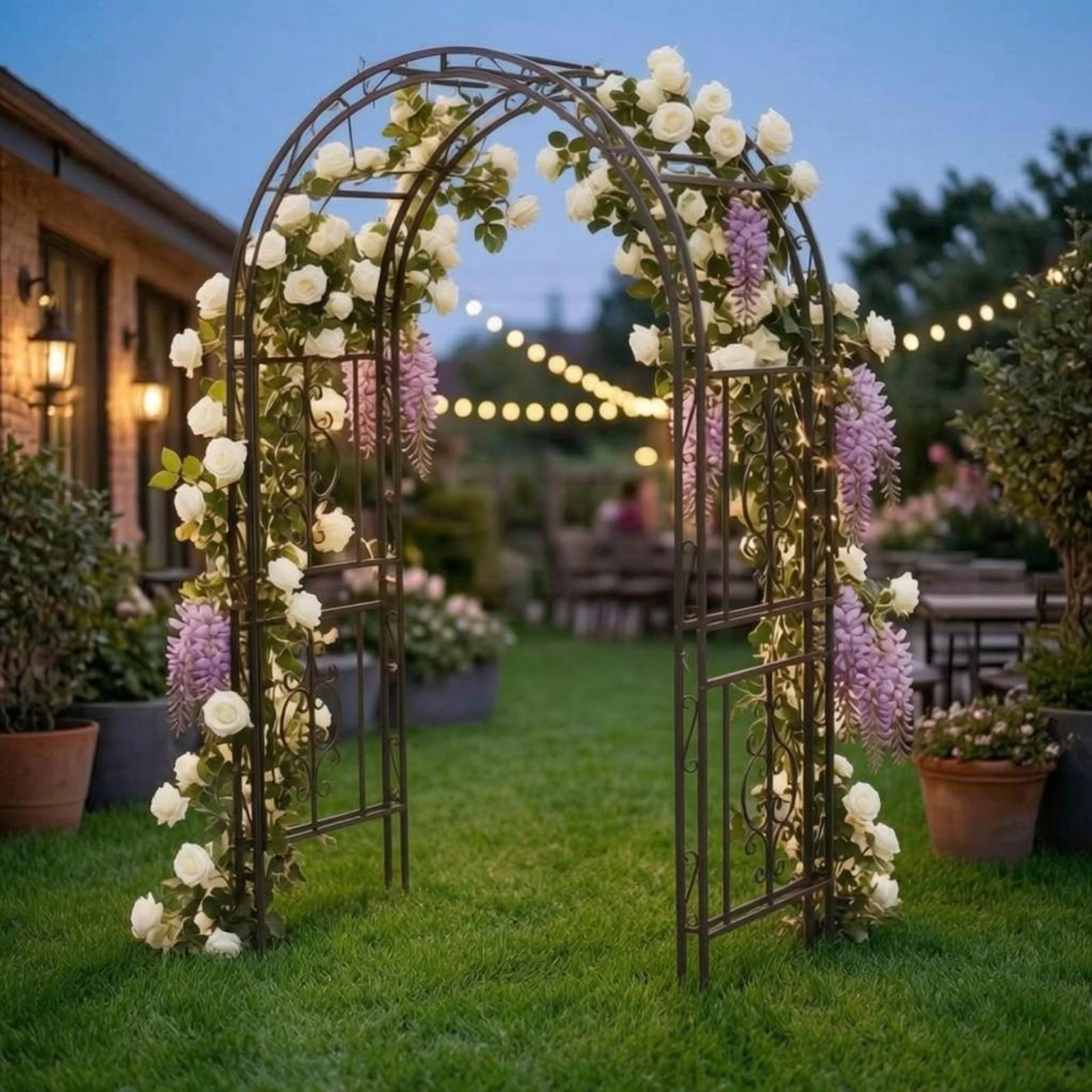 Decorative Arched Trellis Freestanding Climbing Support Scrollwork Metal Garden Arbor for Outdoor Pathways