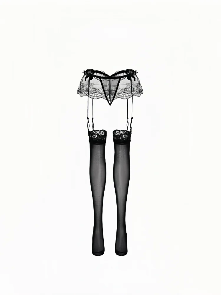 

Sexy Black Lace Long Tube Stockings Women's Atmosphere Integrated Strap Stockings Sensual Leg Shaping High Tube Socks