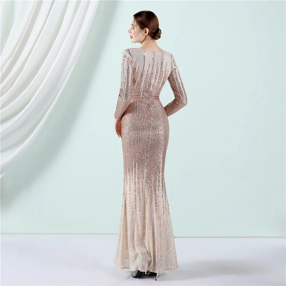 DEERVEADO Elegant Mermaid V-Neck Sequins Evening Dresses with Full Sleeves Woman Formal Occasion Dress Gala Party Dresses Long