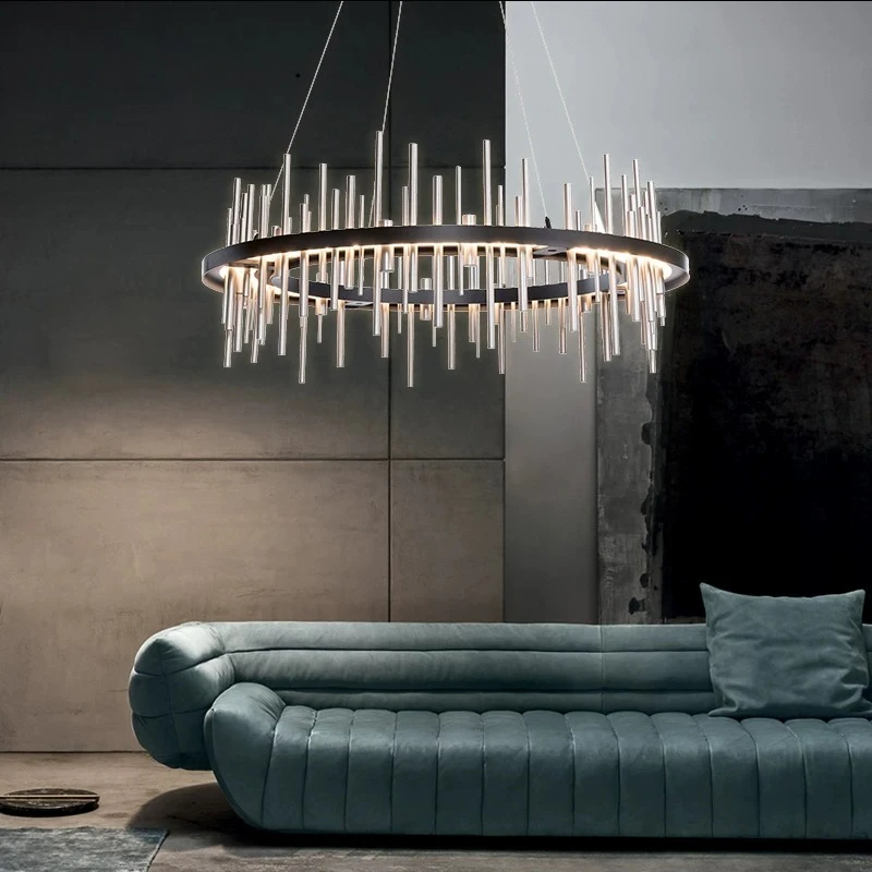 Modern Circular LED Chandelier Black Metal Ring Pendant Light Cylindrical Tube Integrated Hanging Lamp for Living Room Dining