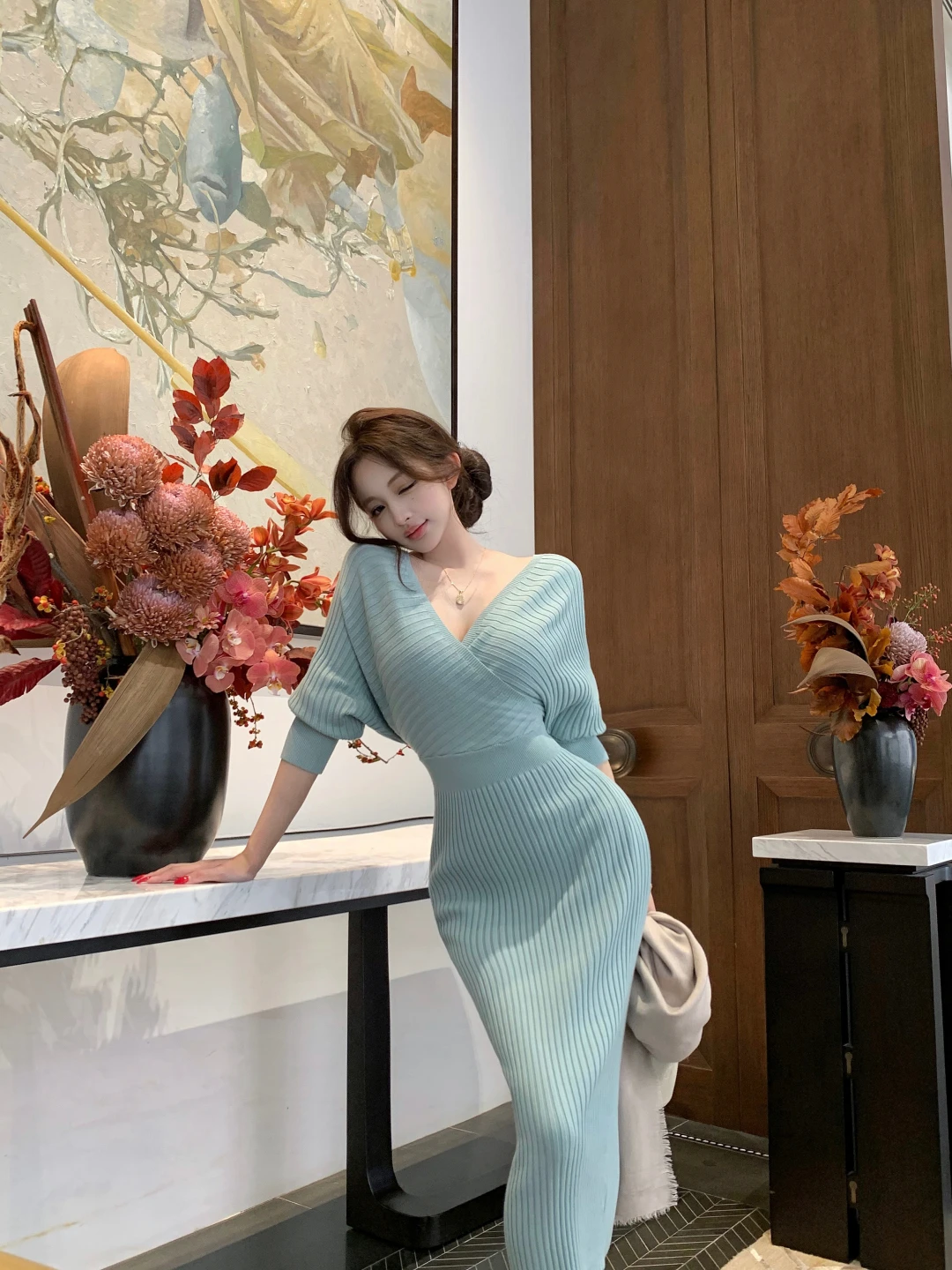 Feminino com decote em v malha manga longa bodycon vestido sexy volta recorte com nervuras camisola vestido outono coreano na moda escritório senhora outfits