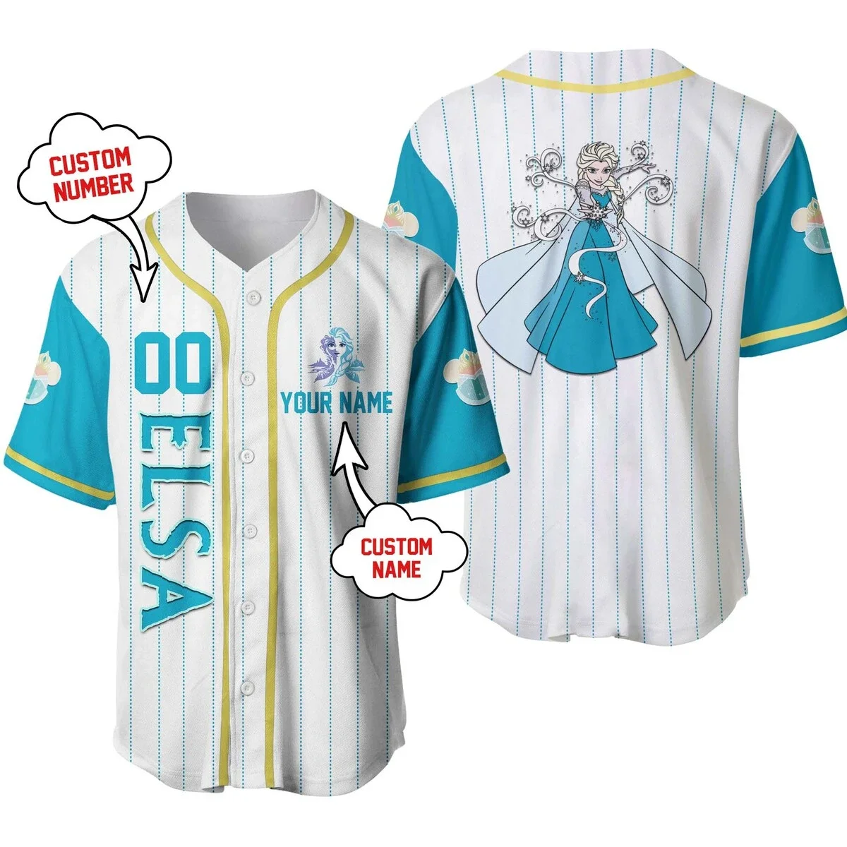 

Personalized Queen Elsa Baseball Jersey Disney Frozen All Over Print 3D Pinstripe Baseball Jersey Women Kids Baseball Shirt