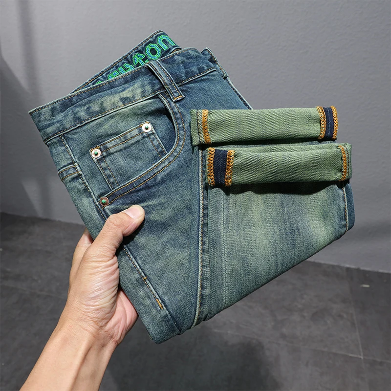 Retro blue-green jeans men\'s high-end washed slim fit skinny elastic trend all-match street fashion long pants