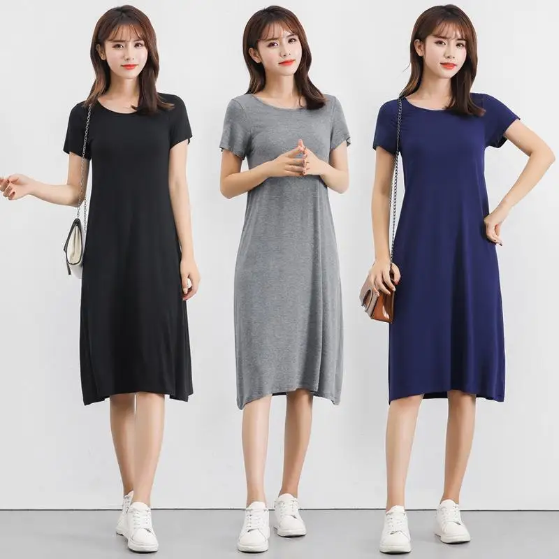 Summer Modal Loose Women's Dr ort Sve Long Dr Casual Sle A-Line Skirt round Ne Busin Casual Single Piece