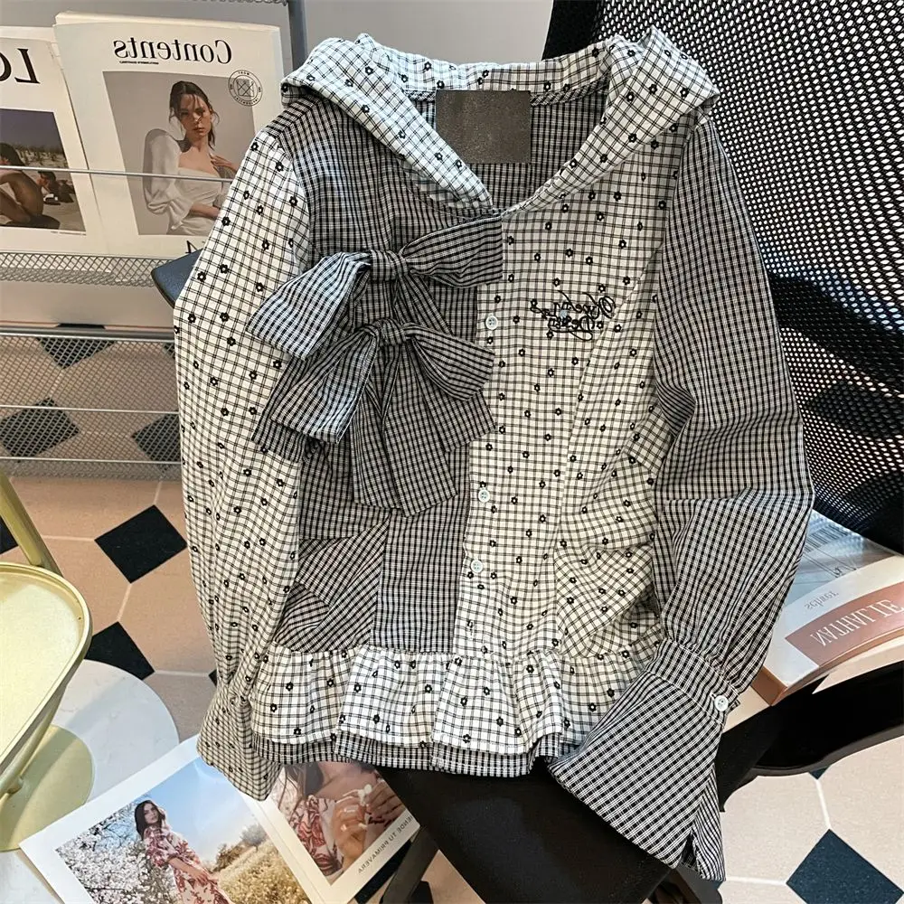

Gagarich Fashion Korean 2025 Early Autumn New Plaid Lace Shirt Jacket Spliced Bow Hooded Blouse Top Women
