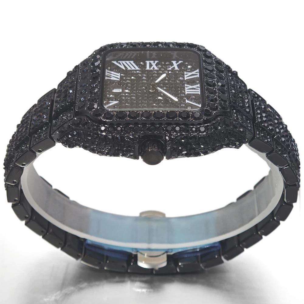 유니게트 럭셔리 아이스드 워치 남성용 쿨 블랙 다이아몬드 힙합 쿼츠 시계 남성용 로마 숫자 사각 손목시계 선물 특가 판매