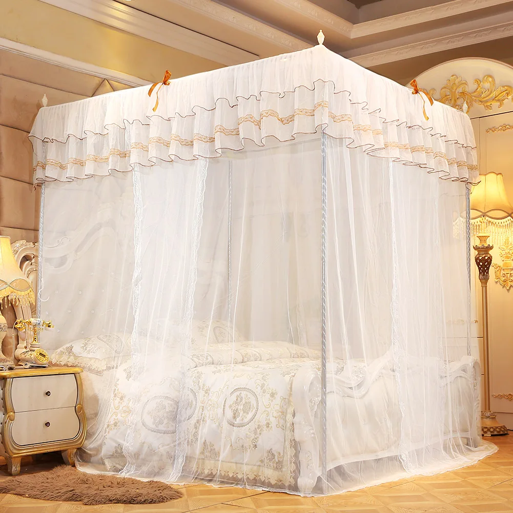 Three Side Openings Mosquito Net with Lace, Breathable Polyester for Bedroom, Easy to Install & Machine Washable