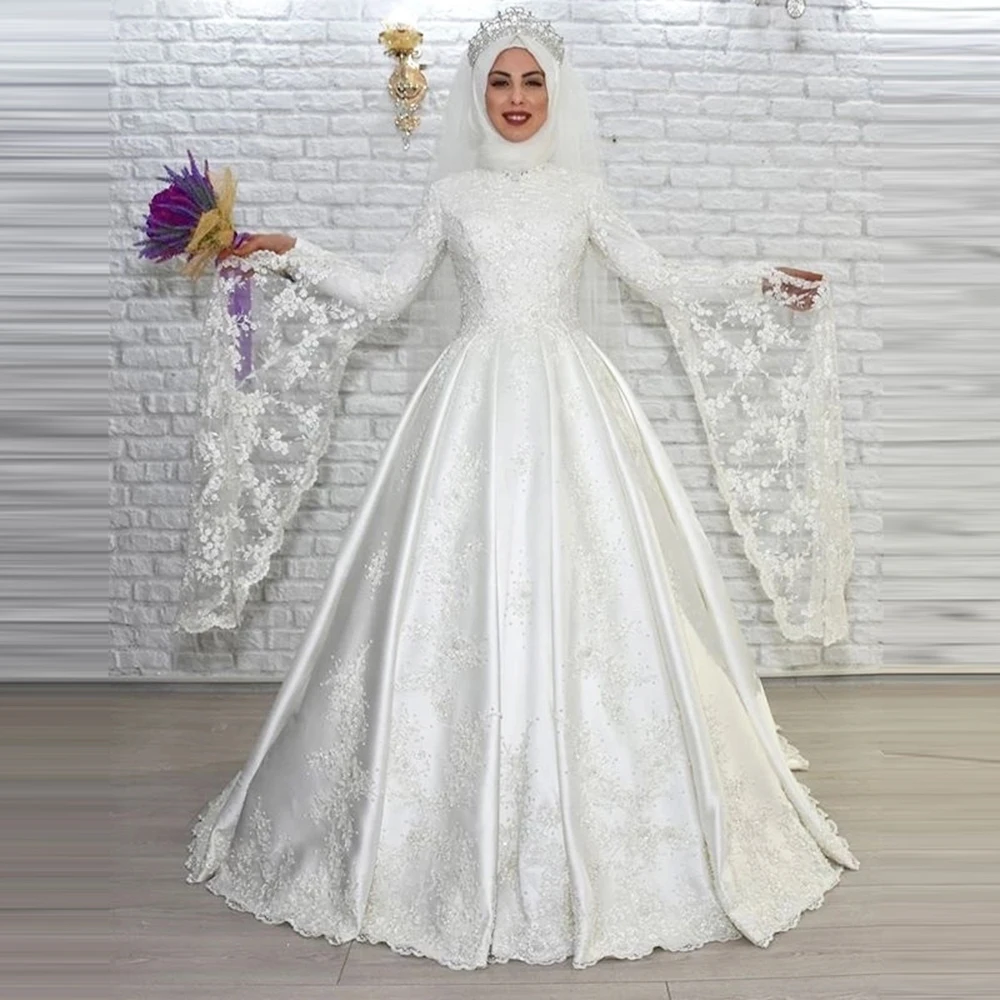 Luxury Muslim A-Line Wedding Dress High Neck Long Flare Sleeves Lace Satin Bride Dresses Arabic Islamic Vestido De Noiva 2022