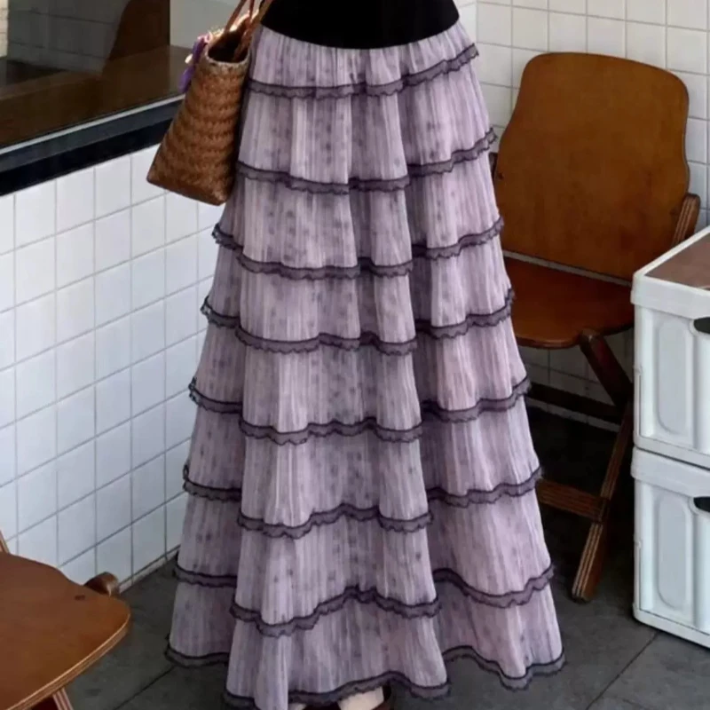 

French Style Woman Stretchy High Waisted Lace Patchwork Layers Ruffled Long Purple Skirt , Women Summer Elegant Mesh Skirts