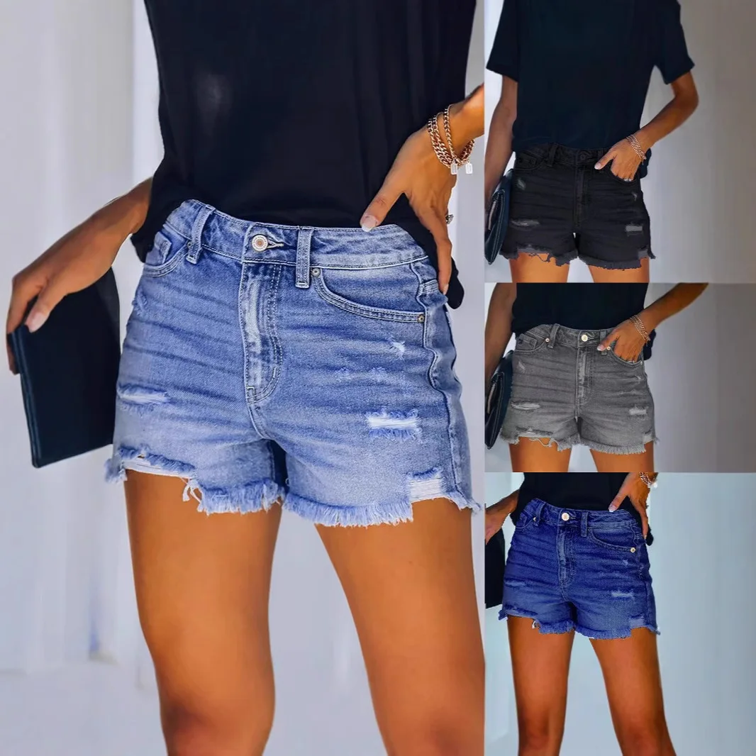 Women High Waist Stretch Ripped Denim Shorts