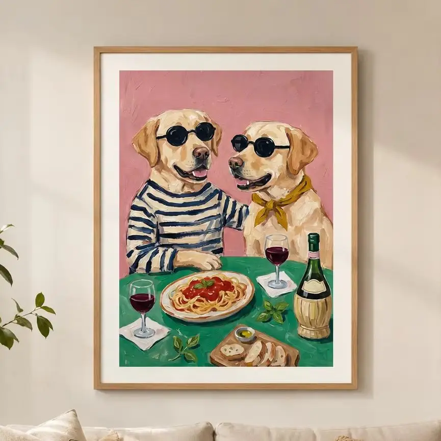 Wine Drinking Dogs Poster,Canvas Wall Print,Modern Art Illustration,High‑Grade Home Decoration Artwork for Bedroom,Living Room,O