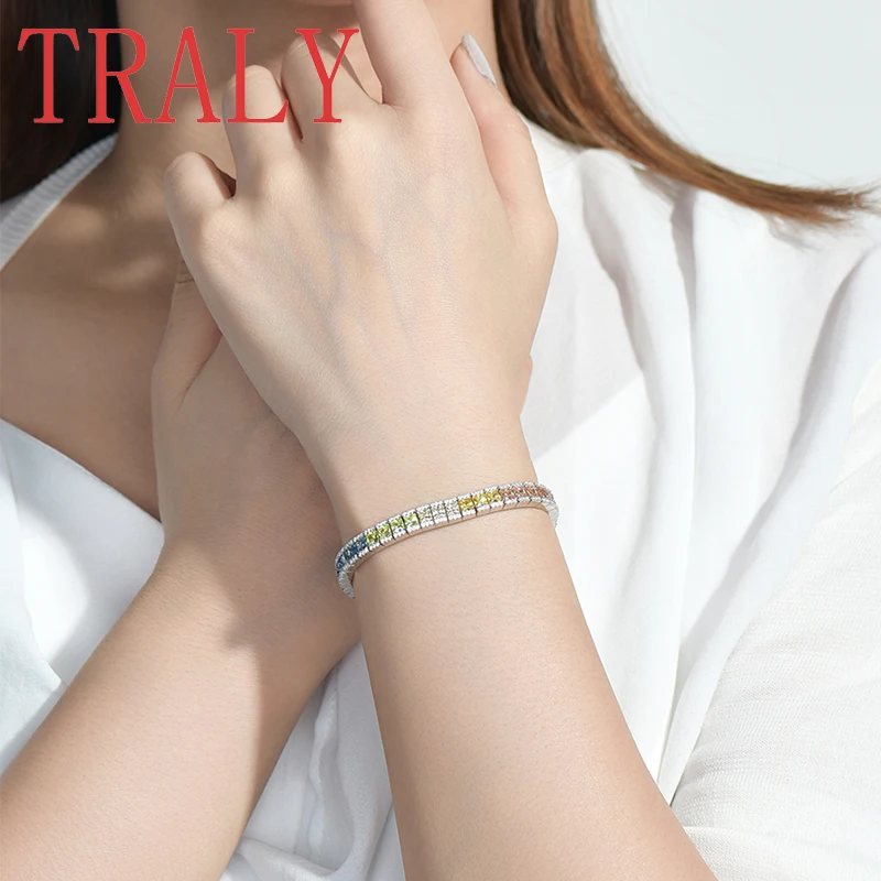 925 sterling silver princess square gradually changing color natural rainbow full diamond silver bracelet women\'s jewelry