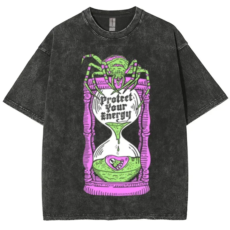 American Vintage Magic Potion Spider Print Women's T-Shirt Street Trend Hip Hop Short Sleeve Washed Fabric Crew Neck Top