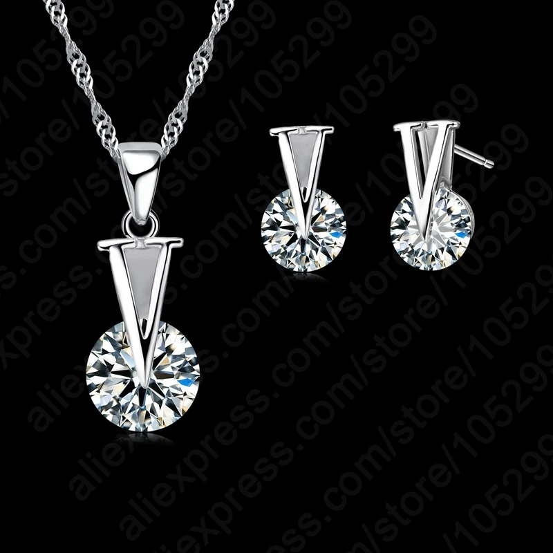 Trendy 925 Sterling Silver Round Shape Cubic Zircon Pendant Necklace Stud Earrings Set for Women Wedding Party Jewelry Gifts
