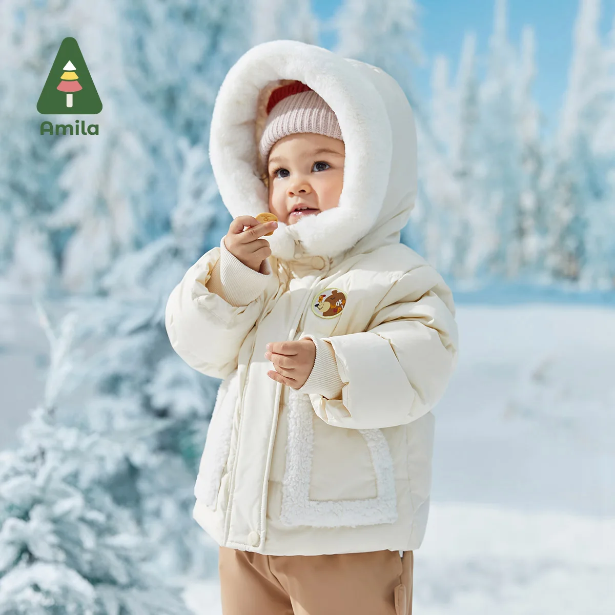 Amila Baby's Coat 2024 Winter Solid Color Girls Children's Patchwork Hooded Fur Collar Down Jacket with Gloves