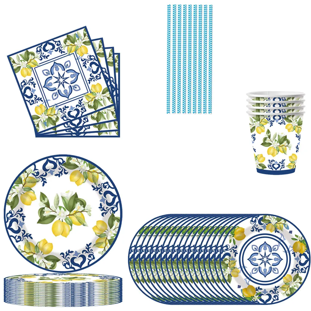Utensilios de papel cerámico con diseño de limón para fiestas, vasos, platos, servilletas, artículos para fiestas de cumpleaños, artículos para fiestas del Día de la Madre