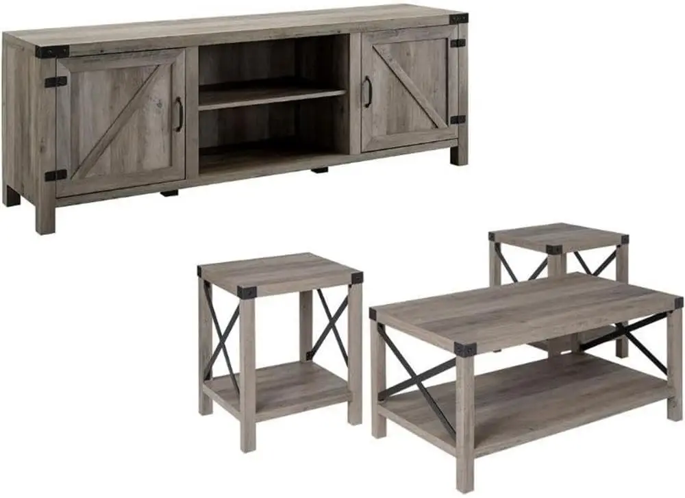 4 Piece Farmhouse Barn Door TV Stand Console Coffee Table and 2 End Table Living Room Set in Rustic Gray Oak