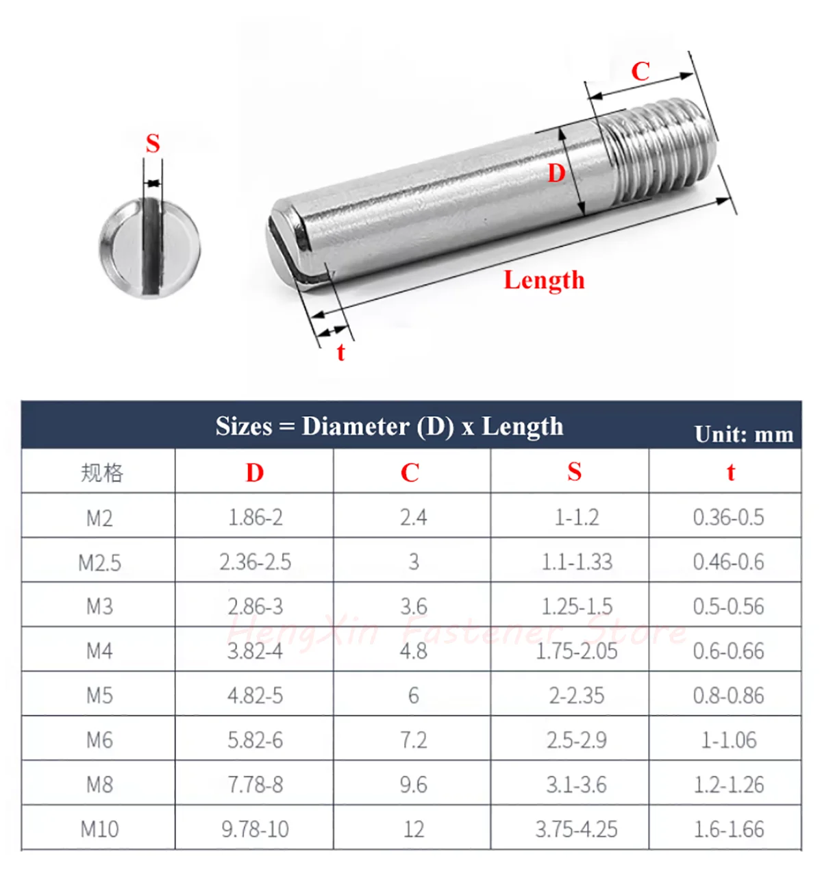 10pcs M2 M2.5 M3 M4 M5 M6 M8 M10 GB878 304 Stainless Steel Slotted Head Outerside Thread Solid Dowel Pin Positioning Roll Shaft
