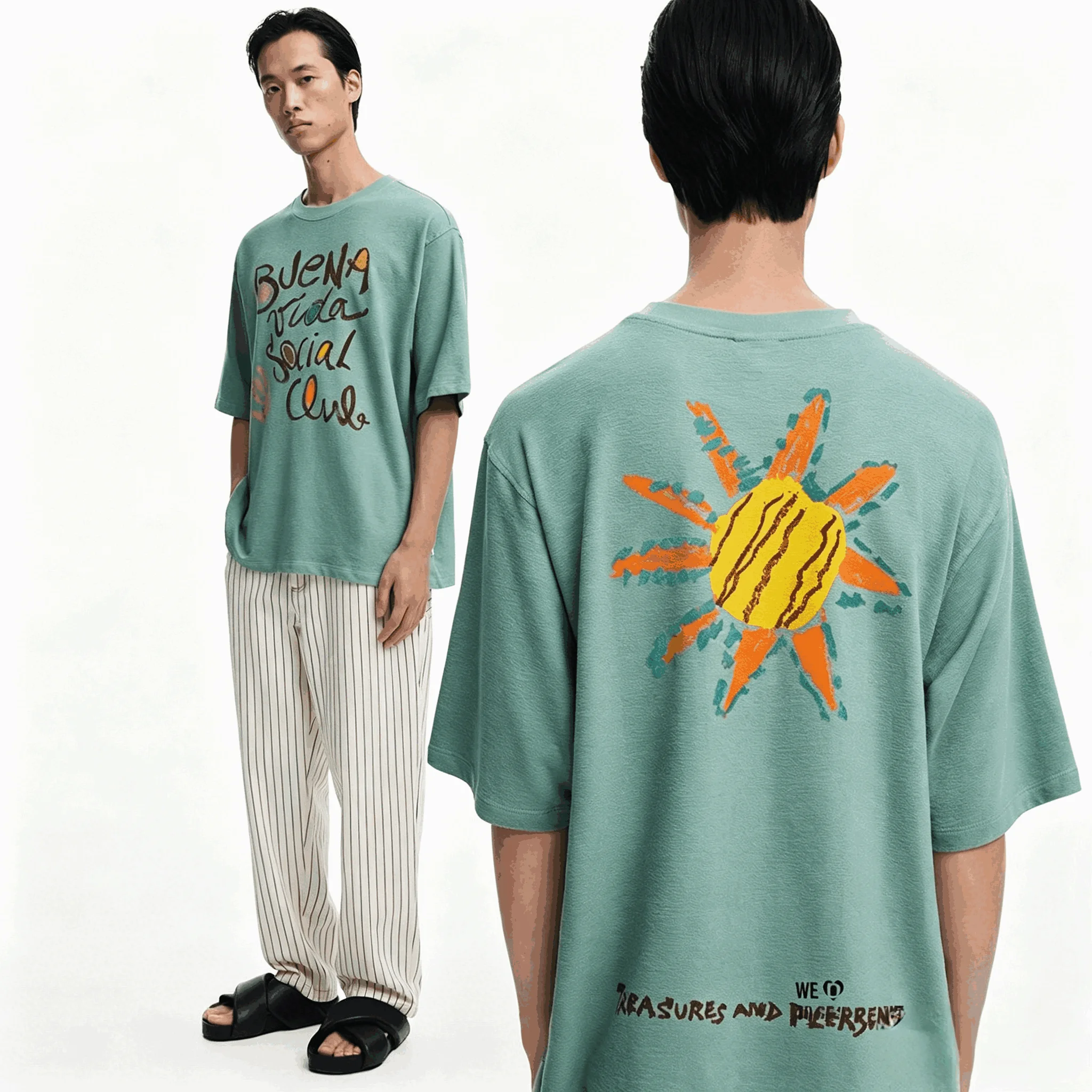 Europäisches, amerikanisches, spanisches Original-Herren-T-Shirt mit kurzen Ärmeln, bestickt mit floralen Graffiti-Motiven, lockeres Oberteil, leicht und atmungsaktiv. – Detail 2