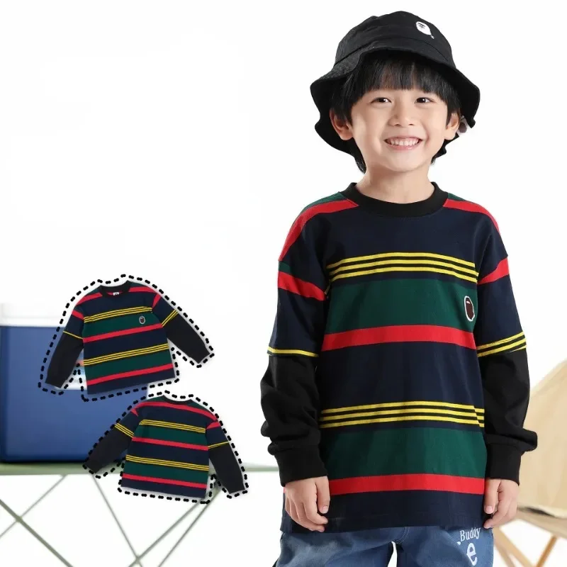 

2023 Kids Sweatshirt Striped Japanese Style Baby Pullover T-Shirts Toddler Clothes Autumn Spring Children Infant Tops