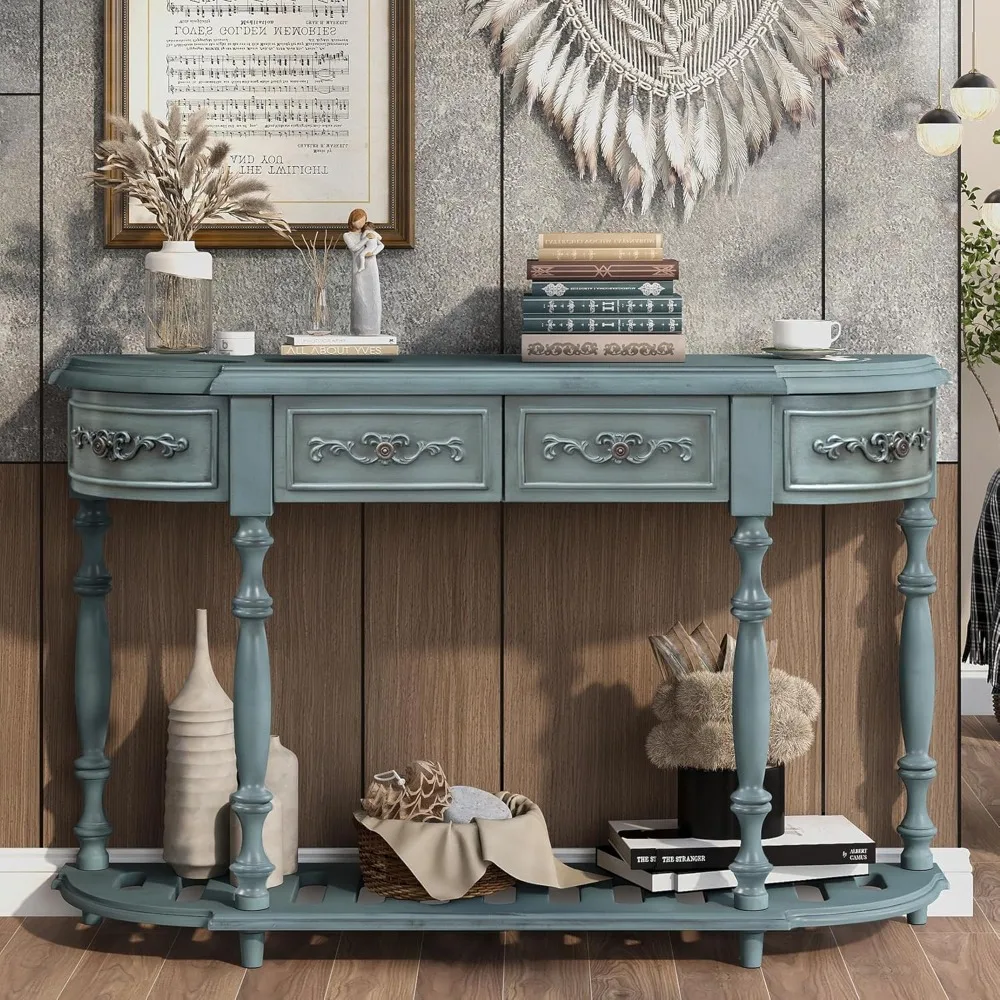 

Изогнутый 52-дюймовый деревянный консольный столик в форме полумесяца в стиле ретро с ящиками и полкой для прихожей и гостиной