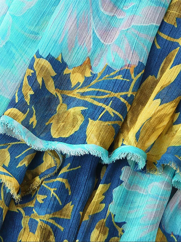 Estilo europeu e americano verão novo design de roupas femininas sentido tubo superior impressão fora do ombro em camadas vestido longo