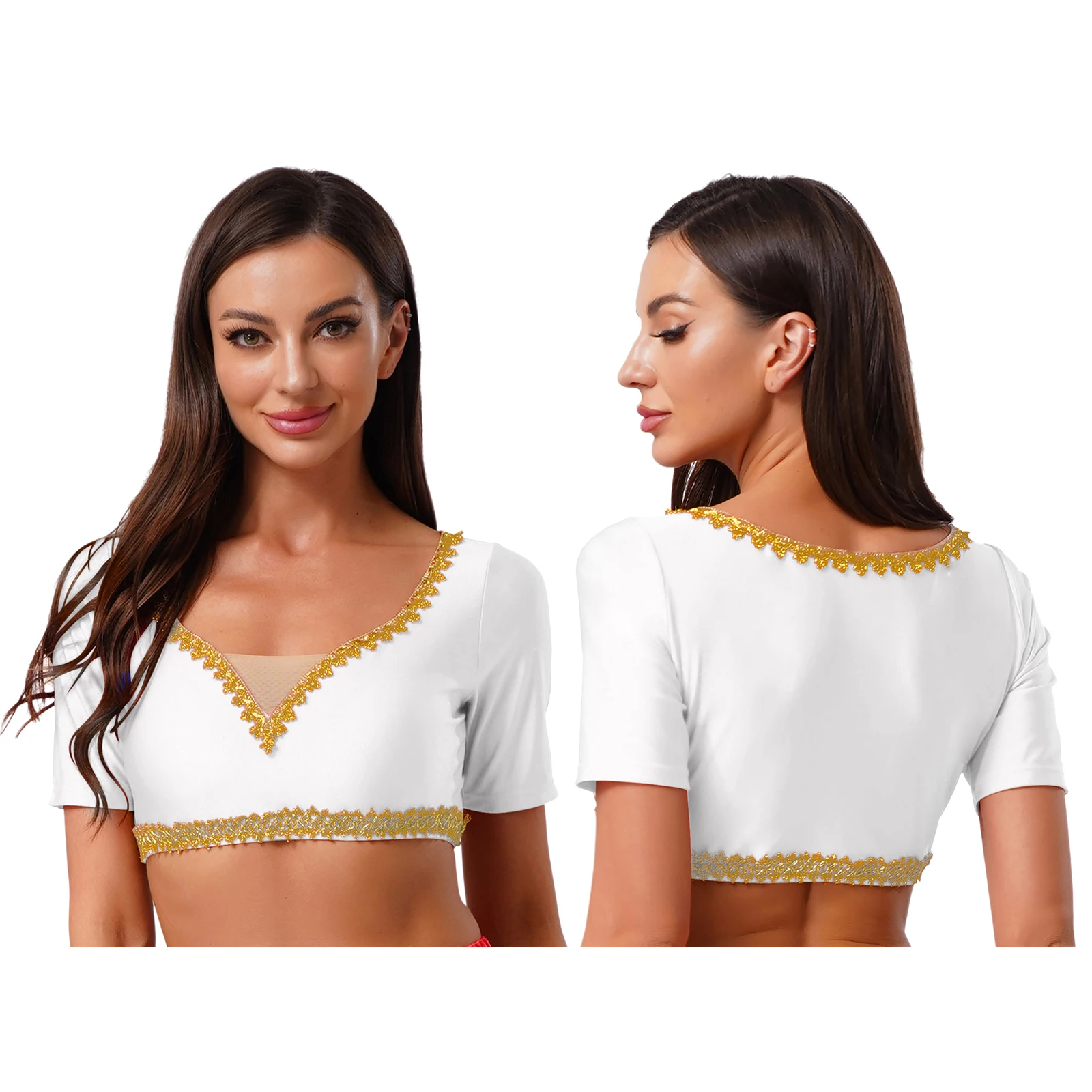 Costume da danza del ventre da donna Top camicetta corta con finiture dorate luccicanti Abbigliamento da pratica a maniche corte traspirante per danza indiana del Medio Oriente