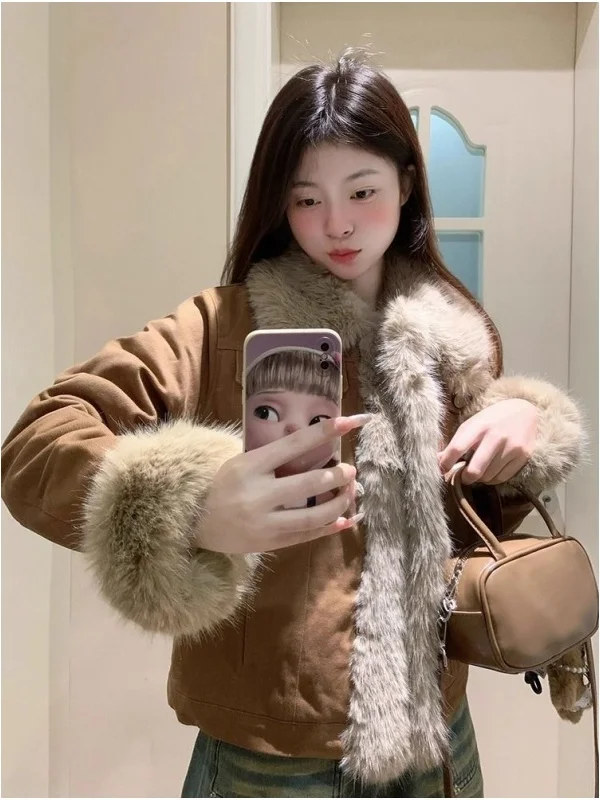 

Thiened Brown Fur Jaet Women's Autumn Winter Cotton Padded Korean Sle Small Size Retro Fluffy Cotton Coat Warm Commute ...