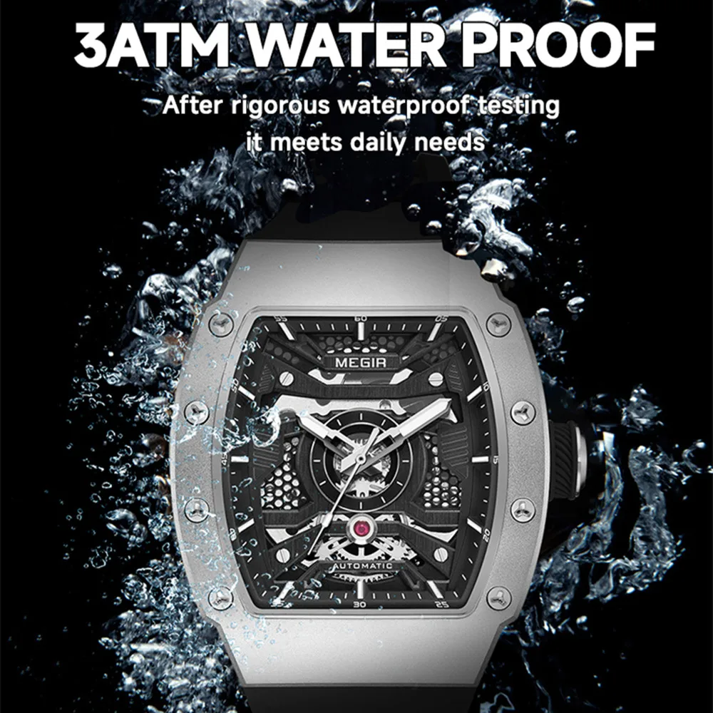 MEGIR Luxury Men\'s Automatic Mechanical Watch Waterproof Hollow Out Silicone Strap Sports Wristwatch Clock Reloj Hombre 8604
