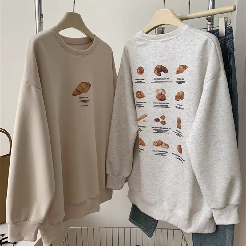 American Cute Cartoon Bread Letter Print Sweatshirt Pure Cotton Hoodie Tops Women Loose Streetwear Casual Autumn Winter Clothes