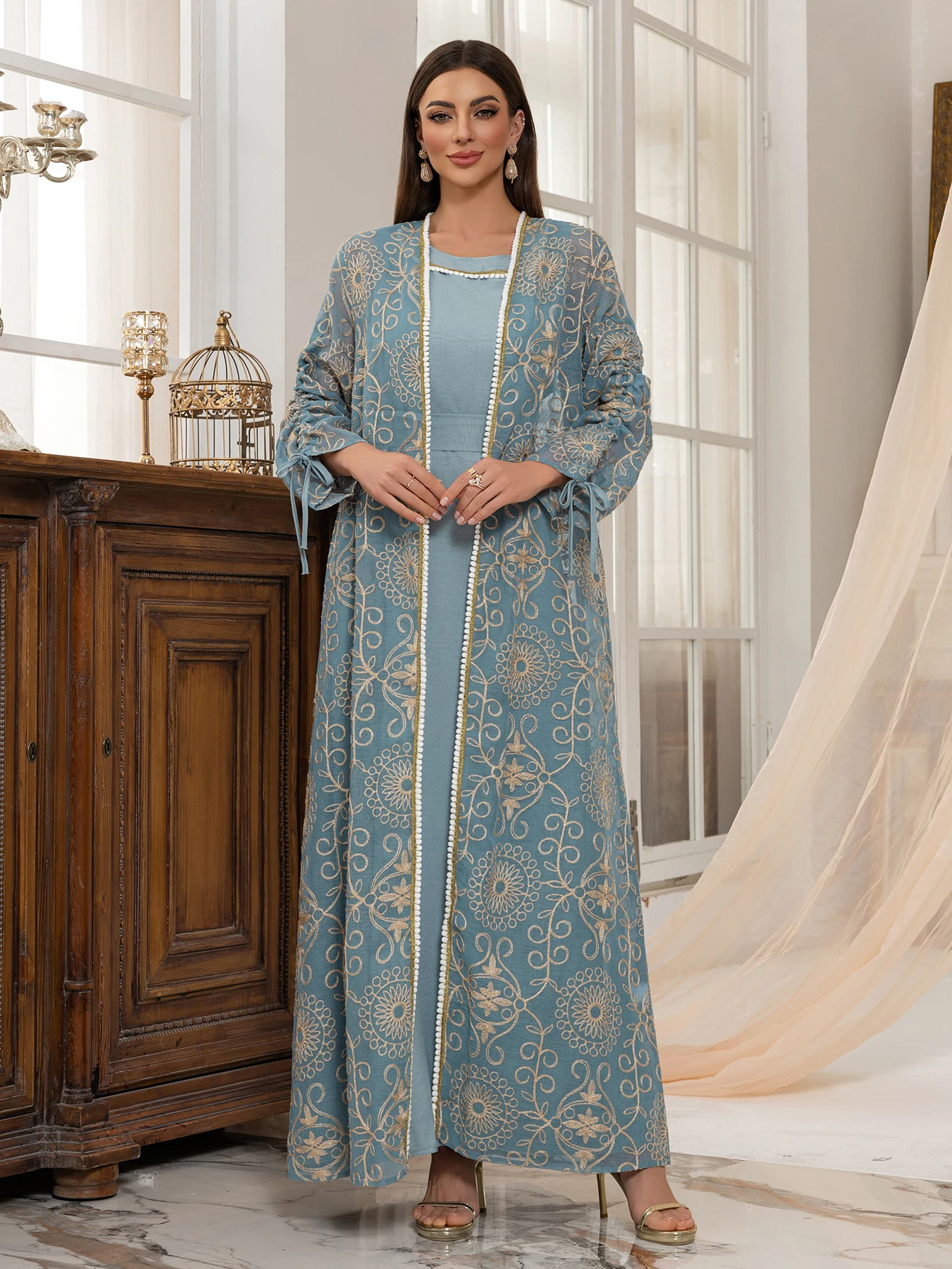 2025 UAE Dubai Inspired Islamic Kaftan Golden Embroidery Waist Belt for Middle East Formal Ramadan Celebrations Elegant Modest